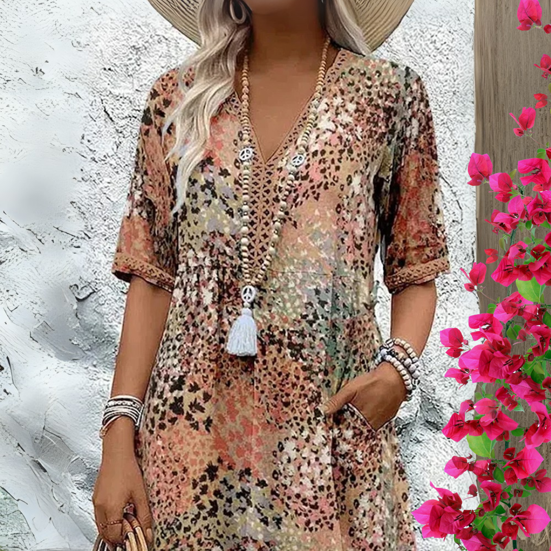 ELENA | Sukienka Midi w Stylu Boho z Dekoltem w Serek