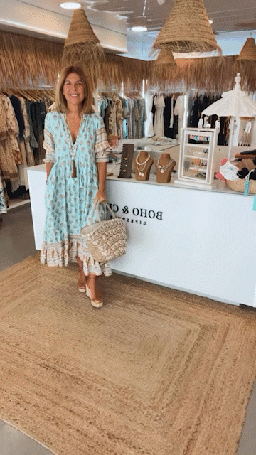 HALINA | Długa sukienka boho z lanternowymi rękawami