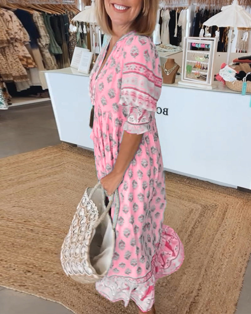 HALINA | Długa sukienka boho z lanternowymi rękawami
