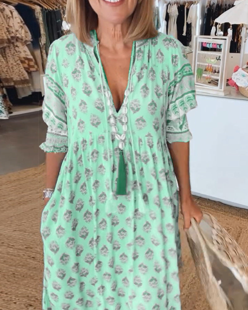 HALINA | Długa sukienka boho z lanternowymi rękawami
