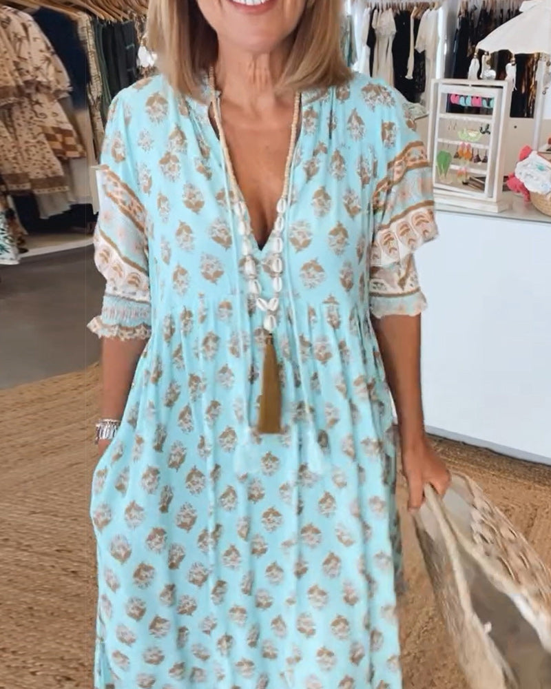 HALINA | Długa sukienka boho z lanternowymi rękawami